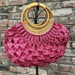 Pink Crochet Handbag with Bamboo Handles